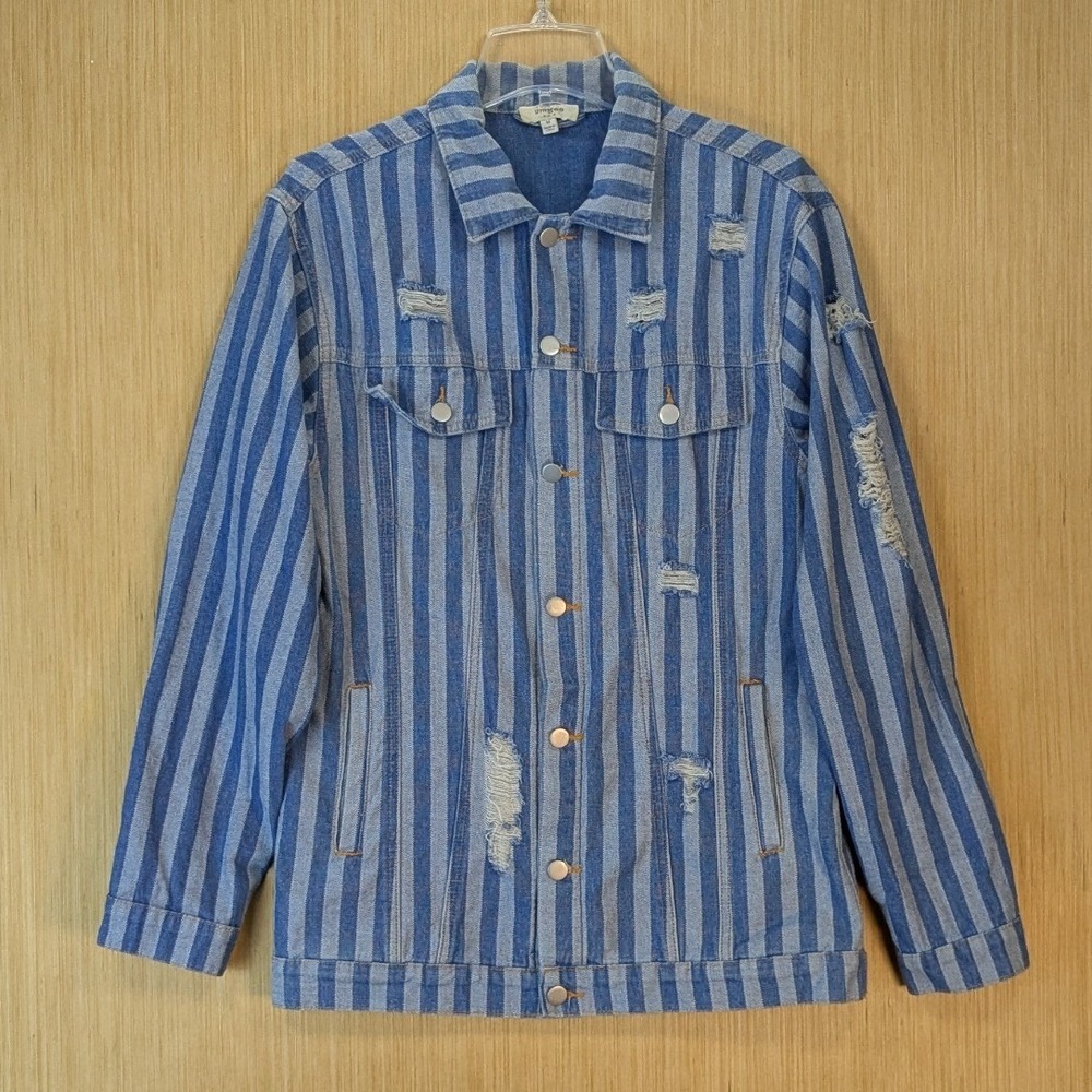 Umgee Blue Striped Distressed Denim Jacket Womens Medium Trucker Jean Maximalism